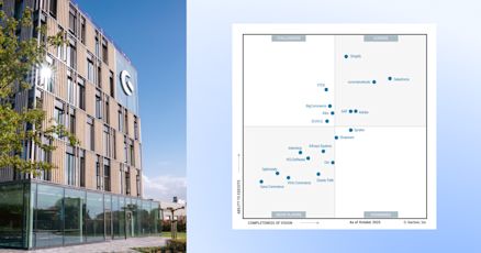 Links ein Bild des Shopware-Campusgebäudes. Rechts die Grafik des Gartner Magic Quadrant. 