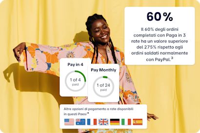 Donna sorridente in abiti colorati davanti a uno sfondo giallo. Una casella mostra: “60% – Il 60% degli ordini completati con Paga in 3 rate ha un valore superiore del 275% rispetto agli ordini saldati normalmente con PayPal.³”
Sotto, icone “Pay in 4” e “Pay Monthly” con stato di pagamento. Una seconda casella indica: “Altre opzioni di pagamento a rate disponibili in questi Paesi*” con bandiere di USA, Australia, Francia, Regno Unito, Germania, Italia e Spagna.