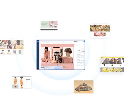 Admin with SW6 shops Die Verwaltung von Shopware 6 in der Mitte, um sie herum sind Shops von Kunden.