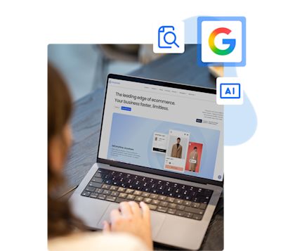 Person using a laptop displaying an eCommerce website interface, with floating Google search and AI icons above the screen, suggesting AI-powered search and integration features.