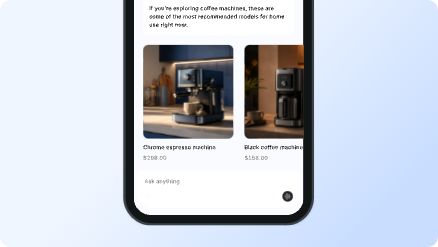 Mobile phone display showcasing an ecommerce site selling coffee machines