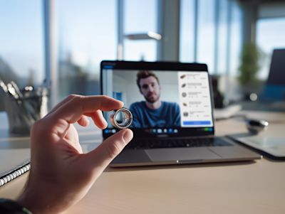 digital sales rooms B2B example | sales persons hand holds a machined part near the laptop digital sales rooms B2B example | sales persons hand holds a machined part near the laptop