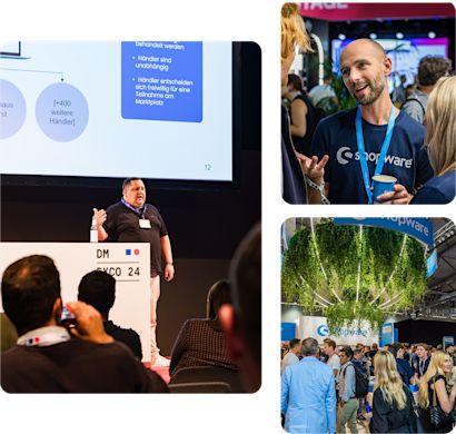 Collage of three photos at DMEXCO 2024 featuring Shopware: On the left, a speaker presents on stage in front of a slide about marketplace models and approximately 400 merchants, viewed from the audience. Top right shows a Shopware team member chatting with visitors, wearing a dark blue Shopware shirt and event badge. Bottom right captures a busy Shopware booth with a green ceiling installation and numerous attendees engaging in conversation.
