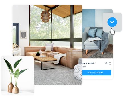 Collage of interior design images, including a modern living room with a brown leather sofa, a cozy armchair with blue cushions and blanket, and two green plants in wooden vases.