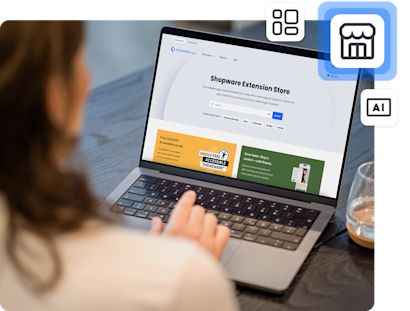 Person surft auf einem Laptop durch den Shopware Extension Store. Auf dem Bildschirm sind verschiedene Apps und Themes sichtbar. Symbole verweisen auf Erweiterungen, Marktplatz und AI.
