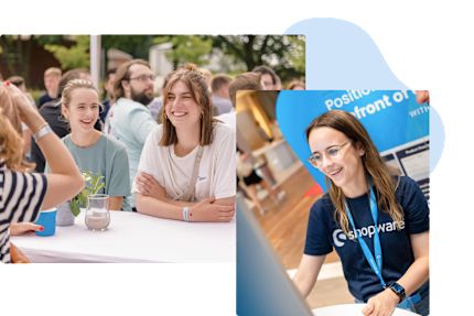 Two young women laugh at an outside table and a young woman wearing a Shopware t-shirt at an event, smiling as she looks at something on a screen.