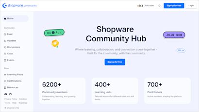Shopware Community Hub homepage with navigation for discussions, events, learning paths, certifications, and community resources.