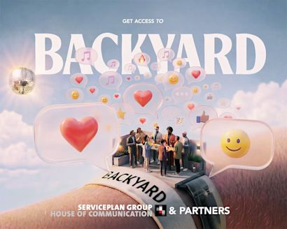 Illustration of a group of people standing on a path labeled “BACKYARD,” surrounded by floating chat bubbles with emojis (hearts, likes, music notes) against a sky background; visual promoting an exclusive networking event during OMR.