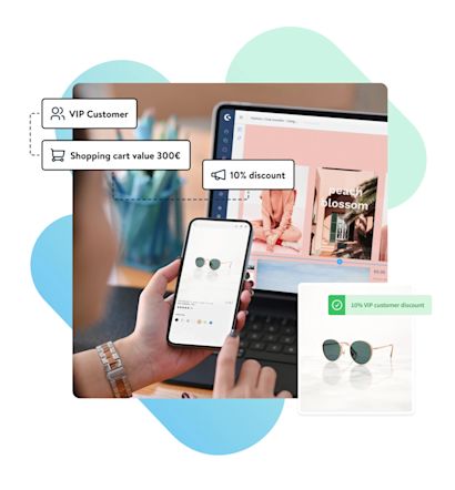 keyvisual-rulebuilder.png Kopie A person using a mobile phone to shop online, with additional labels like "VIP Customer," "Shopping cart value €100," and "10% discount," and a small image of sunglasses labeled "10% VIP customer discount."