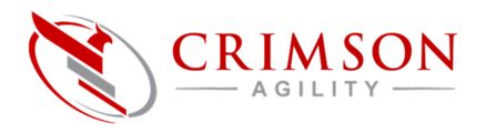 Crimson Agility logo with a red and gray stylized bird emblem next to red and gray text.