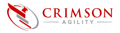 Crimson Agility logo with a red and gray stylized bird emblem next to red and gray text.