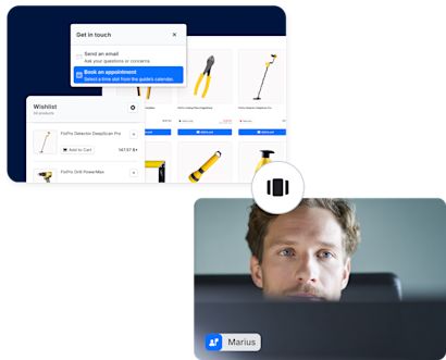 Image of a man behind a screen scrolling through a self-guided digital sales room presentation.