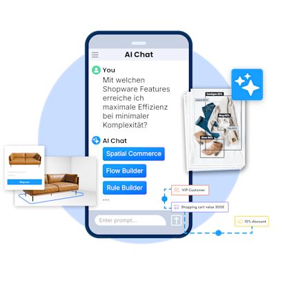 Illustration eines Smartphone-Chats mit einer AI, die nach Shopware-Features für maximale Effizienz bei minimaler Komplexität fragt. Die AI nennt „Spatial Commerce“, „Flow Builder“ und „Rule Builder“. Umgeben von Produktbildern, Automatisierungsetiketten und AI-Symbolen.