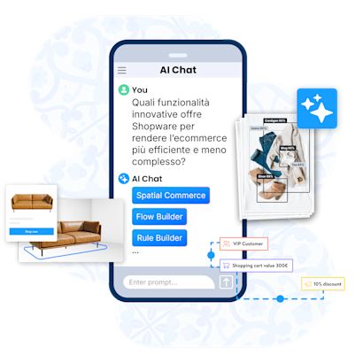 Effi 1480x1480 IT-min Illustrazione di una chat su smartphone con l’AI che risponde a una domanda sulle funzionalità innovative di Shopware per l’efficienza dell’ecommerce. L’AI propone “Spatial Commerce”, “Flow Builder” e “Rule Builder”. Attorno: immagini prodotto, tag automatizzati e icone AI.