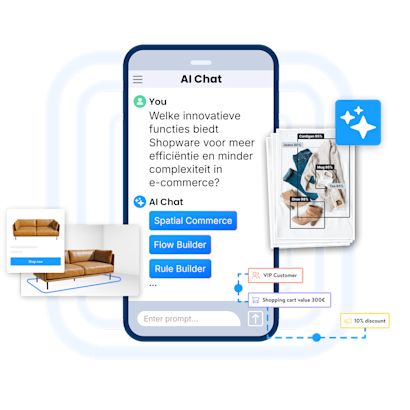 Effi 1480x1480 NL-min Illustratie van een smartphone met een AI-chat over innovatieve Shopware-functies voor efficiëntie en minder complexiteit in e-commerce. De AI suggereert “Spatial Commerce”, “Flow Builder” en “Rule Builder”. Rondom: productafbeeldingen, automatiseringstags en AI-iconen.