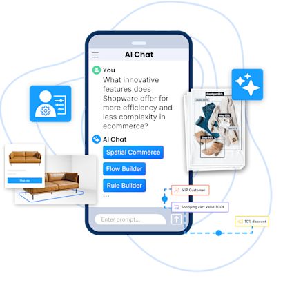 Effi 1480x1480 EN-min Illustration of a smartphone chat with AI Chat inquiring about Shopware features for efficiency in ecommerce. The AI suggests “Spatial Commerce”, “Flow Builder”, and “Rule Builder”. Surrounding elements include product images, automation tags, and AI icons.