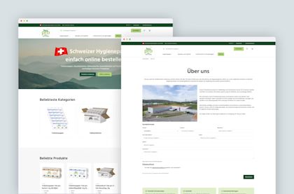 Zwei überlagerte Browserfenster zeigen den Tela pro Onlineshop mit Produktkategorien und Hygieneartikeln sowie die „Über uns“-Seite mit Unternehmensinformationen und Kontaktformular.