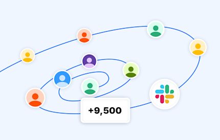 An illustration representing a network of over 9,500 members connected via Slack. Circular icons with colorful user avatars are linked by a curved blue line.