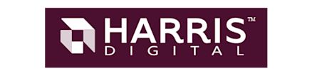 Harris Digital logo featuring a geometric cube icon and the text ‘Harris Digital’ in white on a dark maroon background.
