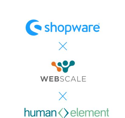 Shopware x Webscale x human element Logo lock up Logos of Shopware, Webscale, and Human Element arranged vertically with ‘x’ symbols between them, indicating a partnership or collaboration.