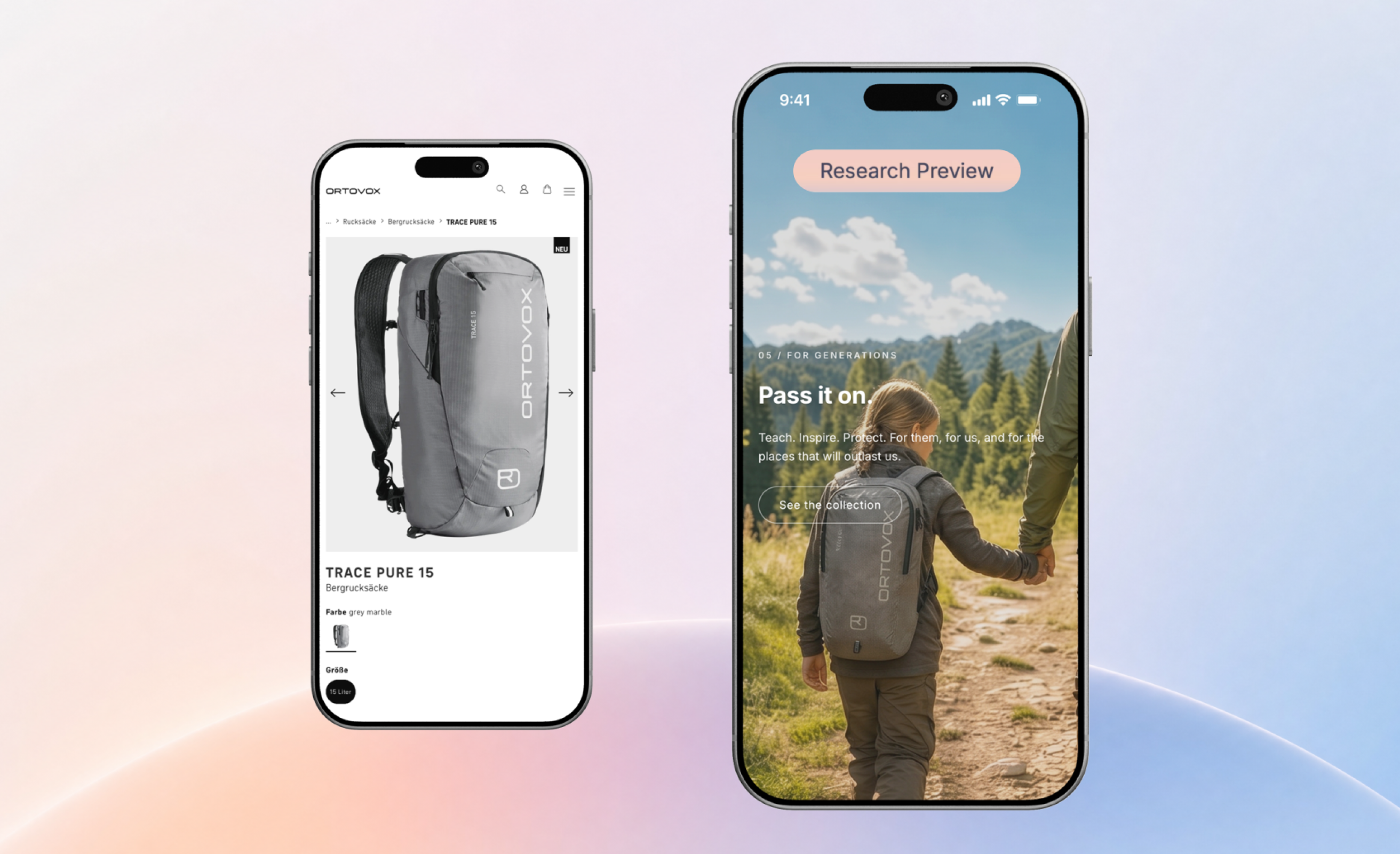 Twee smartphone-mockups op een lichte achtergrond met zachte kleurverloop: links is een productdetailpagina van ORTOVOX te zien met de rugzak “TRACE PURE 15”. Rechts toont een smartphone een campagnepagina met een berglandschap, een kind met rugzak en de tekst “Pass it on.” plus een knop “See the collection”.