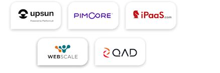 Graphic displaying five partner logos in twos rows: the Upsun logo with a black circular icon, the purple Pimcore logo with an infinity-shaped O, the iPaaS.com logo featuring a red knight chess piece, the Webscale logo with a multicolored abstract human figure, and the QAD logo with a red-and-orange geometric symbol next to blue text.