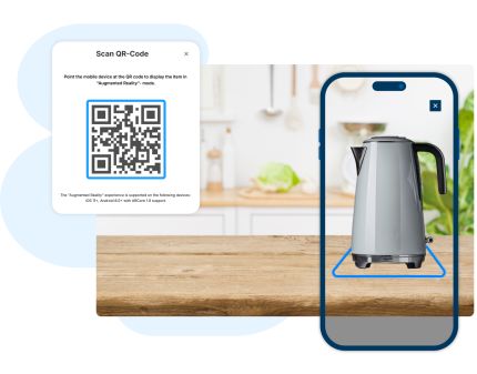 On the left is a QR code with instructions to visualize the coffee pot in AR, while the right shows a smartphone displaying the coffee pot on the counter.