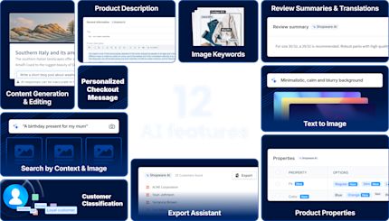 A graphic featuring the text "12 AI Features" at the center, surrounded by various AI-related functionalities such as "Product Description," "Image Keywords," "Review Summaries & Translations," "Text to Image," "Search by Context & Image," "Customer Classification," "Export Assistant," "Product Properties," "Personalized Checkout Message," and "Content Generation & Editing."