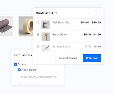 Ein Kaufangebot mit der Bezeichnung “Quote #00432” listet drei Artikel mit Mengenangaben, Bildern, Originalpreisen und reduzierten Preisen auf. Darunter befinden sich zwei Schaltflächen: “Request change” und “Order now.” Links davon befindet sich der Abschnitt “Permissions” mit der aktivierten Option “Place orders.”