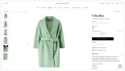 Product page for a light green wool coat by S Max Mara, featuring a belted design, lapel collar, and slit pockets, with options to select size and view additional product images.