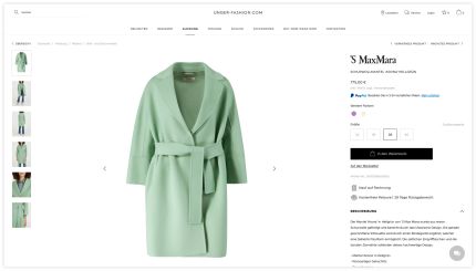 Produktseite für einen hellgrünen Wollmantel von S Max Mara mit Gürtel, Reverskragen und Schlitztaschen, mit Optionen zur Größenauswahl und zum Anzeigen weiterer Produktbilder.