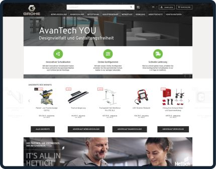 A website homepage from Grohe featuring a banner for "AvanTech YOU" with the text "Designvielfalt und Gestaltungsfreiheit," followed by sections highlighting innovative solutions, online configurators, and fast delivery. Below, products like a saw, desk parts, and LED light are displayed with prices. 