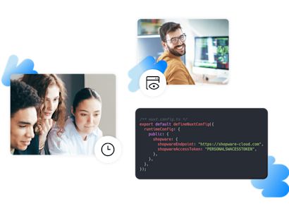 Technology Collage mit einem arbeitenden Team, einem Entwickler am Computer, Code und Symbolen für Zeit und Dokumentation. Symbolisiert Zusammenarbeit und Softwareentwicklung.