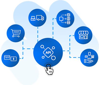 B2B Solution Intro Illustration (blue) A central API icon connected to icons for e-commerce, logistics, payment, retail, customer service, and data management, all linked by dotted lines. A pointing finger cursor clicks the central API icon.