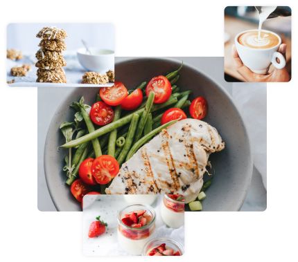 Collage of food, including a grilled chicken breast fillet on a salad with cherry tomatoes and green beans, a stack of oat cookies, a cup of coffee with latte art and a dessert in a glass with fresh strawberries.