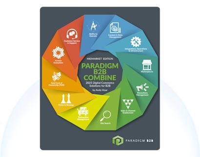 Cover from the "Paradigm B2B Combine 2025 Midmarket Edition" by Andy Hoar, showing 11 segments for digital commerce capabilities: Ability to Execute, Content & Data Management, Integrations & Infrastructure, Marketplaces, Promotions, Sales Enablement, Site Search, Transaction Management, Vision & Strategy, TCO, Partner Ecosystem, and Customer Service.