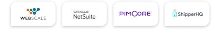 Row of four logos: Webscale with abstract multicolored figure, Oracle NetSuite in black text, Pimcore in purple with an infinity-shaped O, and ShipperHQ with a blue shipping-box icon.