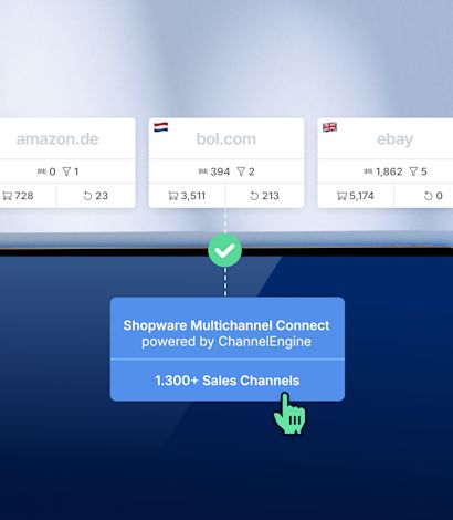 Interface présentant trois encadrés représentant différents pays et canaux de vente, notamment eBay, Amazon.de et bol.com. Un flux de travail relie ces canaux au texte « ChannelEngine – plus de 1300 canaux de vente ».