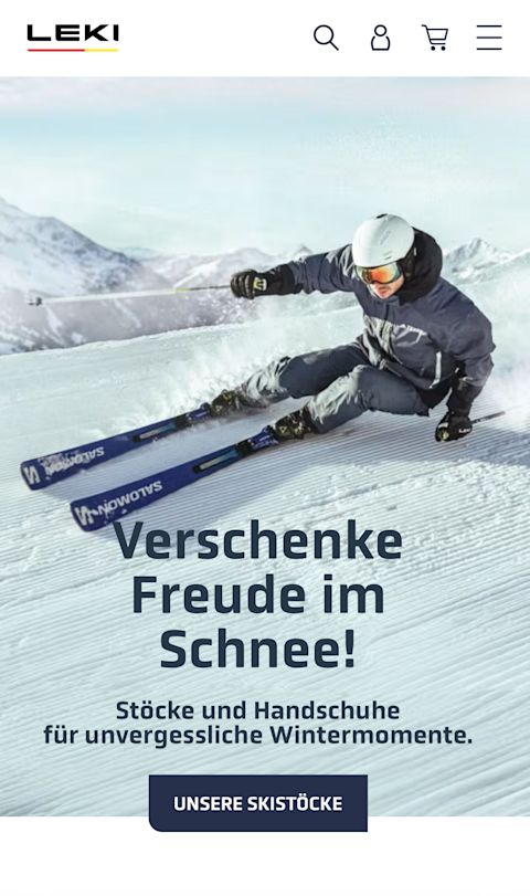 LEKI Homepage in der mobilen Ansicht, „Verschenke Freude im Schnee!“