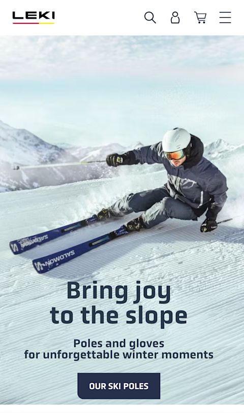 LEKI Homepage in Mobile view, "Bring joy to the slope"