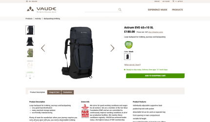 Product page for the Vaude Astrum EVO 65+10 XL backpack in black, including price, product details, image gallery and description of features such as adjustable back, padded hip belt and environmentally friendly production.