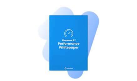 Blue whitepaper cover with speedometer icon and title ‘Shopware 6.7 Performance Whitepaper’, placed in front of an abstract light blue shape as a design element.