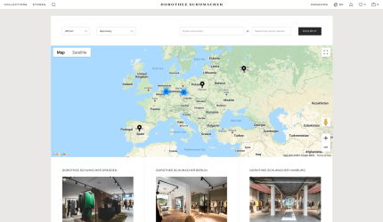 "World map on the Dorothee Schumacher website showing store locations in various European countries, including Germany, Spain, Poland and Russia, with images and details of the stores in Dresden, Berlin and Hamburg."