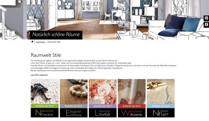 The website 'Naturally beautiful rooms' shows living room styles such as Natural character, Elegant appearance and Nordic flair, with inspiration for interior design.