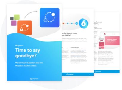 Cover of a Shopware guide titled 'Magento: Time to say goodbye?' discussing migration, with graphics and partially visible inner pages.