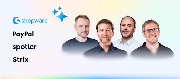 So nutzt du KI, um Verkaufe und Umsatz zu steigern Werbegrafik mit den Logos von Shopware, Sportler, PayPal und Strix auf der linken Seite sowie Porträts von vier männlichen Referenten in Businesskleidung auf der rechten Seite, vor einem Farbverlauf-Hintergrund mit dekorativem Sternsymbol.