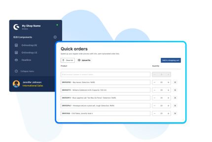 "Quick Orders" interface with the description "Speed up your regular order process with trim, semi-automated order lists". The left sidebar displays the title "B2B Components" and the menu options "Onlineshop DE", "Onlineshop US" and "Headless".