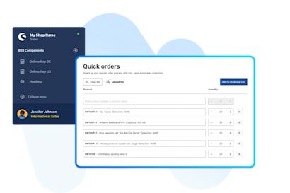 Challenge - B2B digitalization Interface "Quick Orders" met de beschrijving "Versnel uw reguliere bestelproces met aangepaste, semi-geautomatiseerde bestellijsten". De linker zijbalk toont de titel "B2B Components" en de menu-items "Onlineshop DE", "Onlineshop US" en "Headless".