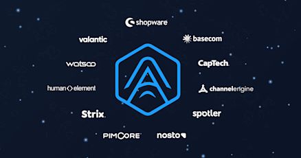 Visual banner showing the Agentic Commerce Alliance logo, surrounded by the logos of involved brands: Shopware, Valantic, Basecom, Watsco, Human Element, CapTech, ChannelEngine, Spotler, Strix, Pimcore, and Nosto. The background features a dark blue network design representing digital connectivity.