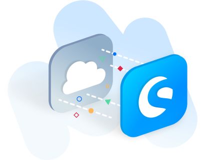 Ein quadratisches Icon auf der linken Seite enthält eine weiße Wolke vor einem grauen Hintergrund. Das Icon auf der rechten Seite ist blau und zeigt das Shopware-Logo in der Mitte. Gepunktete Linien verbinden die beiden Icons, wobei bunte Formen entlang der Linien verstreut sind.